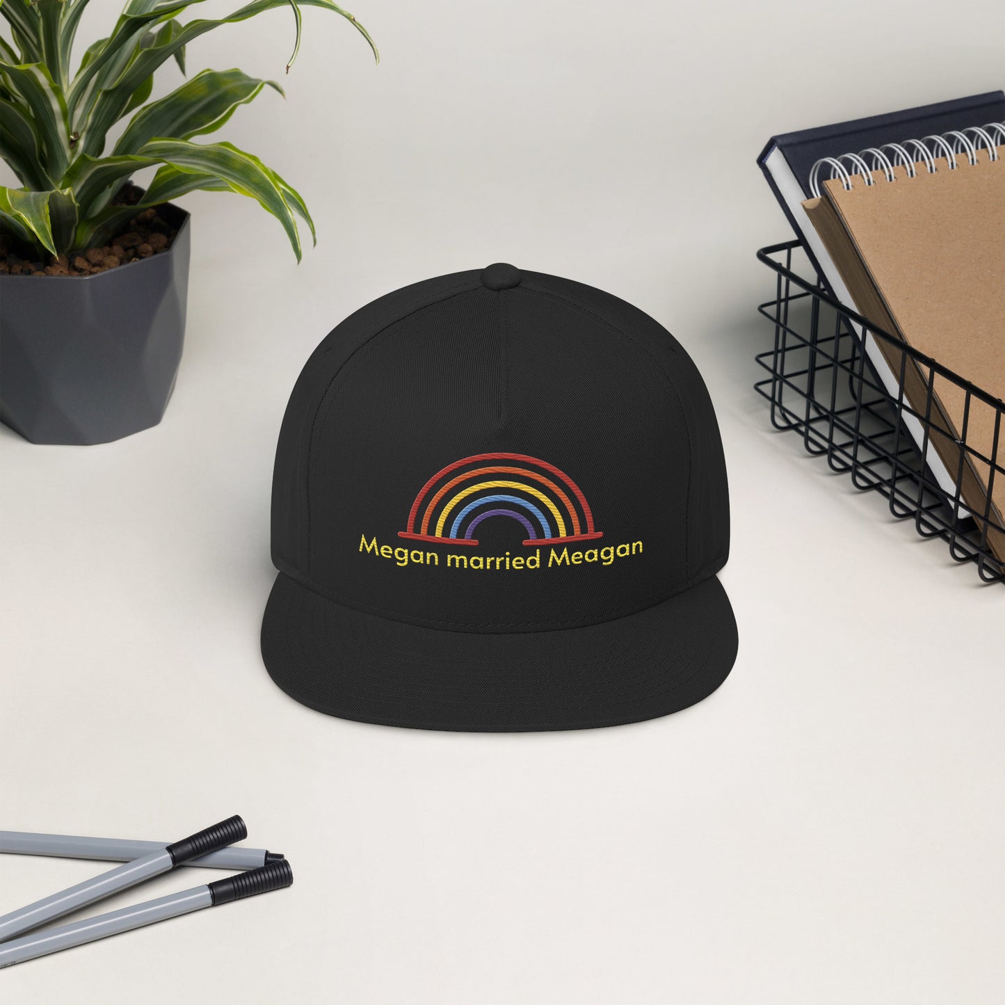 Megan married Meagan with rainbow - Flat Bill Cap